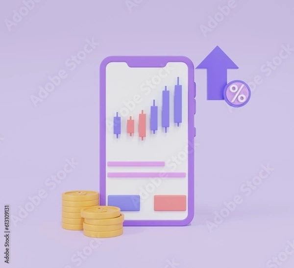 Obraz Stock trading on smartphone.Cryptocurrency trend on mobile phone.Graph investment growing up icon on purple background.coin dollar.Percentage of earnings in stocks and funds.3d render,illustration.