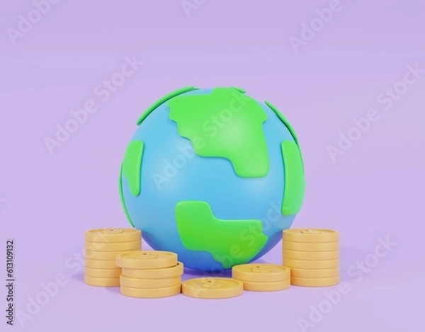 Obraz 3D world with golden currency coins dollar icon on purple background.Symbol global earth dollar sign world money concept.savings and business,cryptocurrency.Earth and globe.3D render,Illustration.