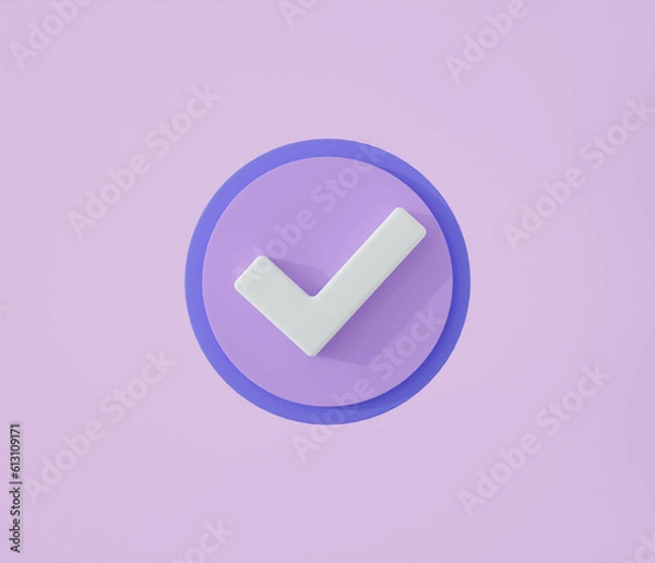 Obraz 3D check mark button icon on isolated purple background.Like and correct symbol.checklist icon or checkmark button.3D rendering,illustration