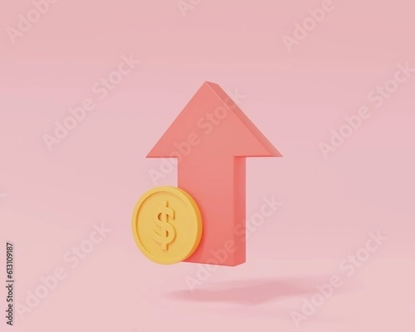 Obraz 3D red arrow up and coin dollar stacks icon concept on pink background.Symbol of goals in investing.Savings and business.Money management.Saving and money growth concept.3d render illustration