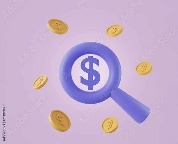 Obraz 3D blue magnifying glass with golden dollar coin on purple background.Symbol of goals in investing.savings and business.money management.Saving and money growth concept.3D render,Illustration.