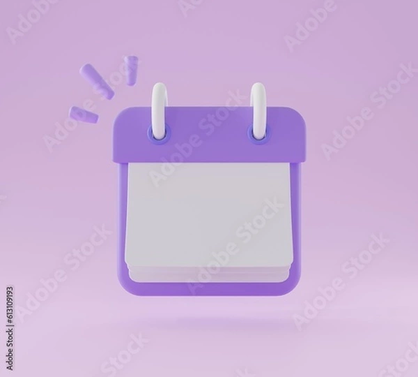 Obraz Calendar icon or calender sheet Isolated on purple background.Blue calendar events plan concept.work planning daily.Planning notebook with space to take notes.3D rendering,illustration