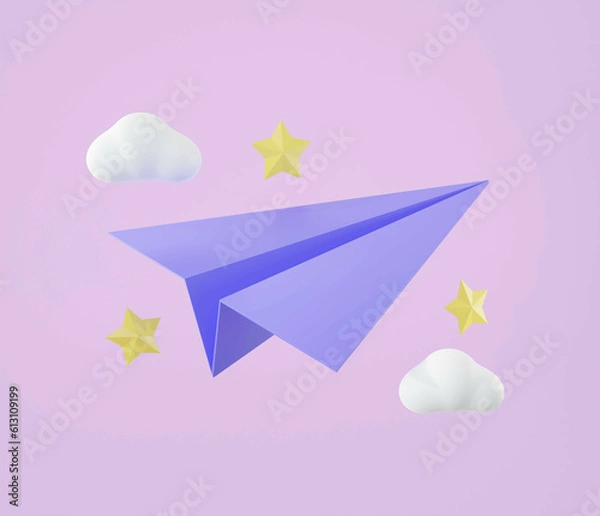 Obraz 3D paper airplane icon on purple isolated green background.Social media online icon.Origami paper plane,Send message.3D rendering,illustration