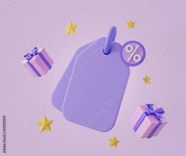 Obraz christmas gift box.discount coupon for online shopping with Bell notification and Empty copy space on white background.Online sales concept Profitable business.3D voucher gift mock up icon.