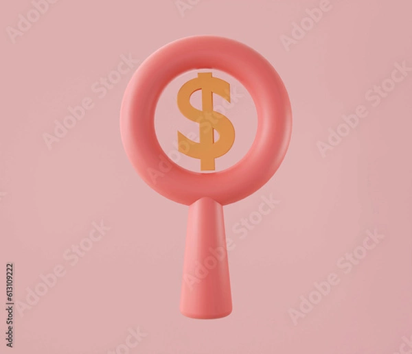 Obraz Red magnifying glass with golden dollar coin on pink background.Symbol of goals in investing.savings and business.money management.Saving and money growth concept.3D render,Illustration.