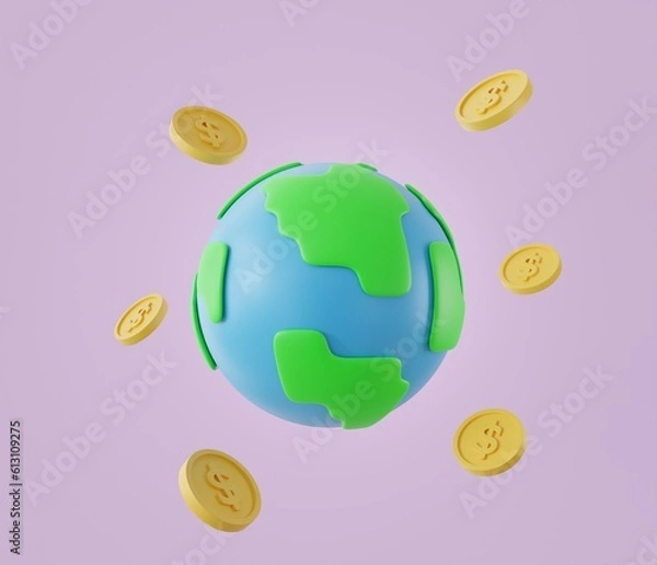 Obraz Earth and globe.3D world with golden currency coins dollar icon on purple background.Symbol global earth dollar sign world money concept.savings and business,cryptocurrency.3D render,Illustration.