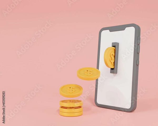 Obraz Coin dollar and smartphone screen on  pink background.mobile banking icon.money and financial concepts.Cash back and digital banking concept.Mobile payment.mobile application.3D render,Illustration.