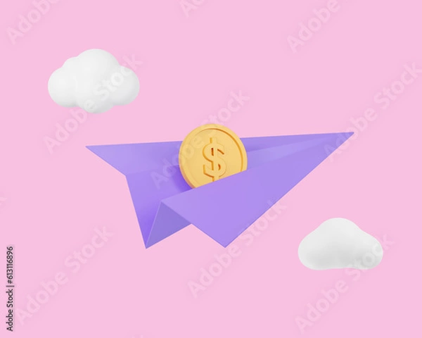 Obraz 3D paper airplane icon on purple isolated green background.Social media online icon.Origami paper plane,Send message.3D rendering,illustration