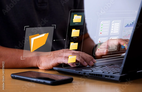 Fototapeta Document Management System concept. Enterprise content management, Digital asset management, Document imaging, Workflow, Records management, Online document file data software for efficient