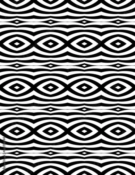 Fototapeta black and white seamless pattern geometric arts curve zigzag striped diamond design texture element print tile damask monochrome line pattern.