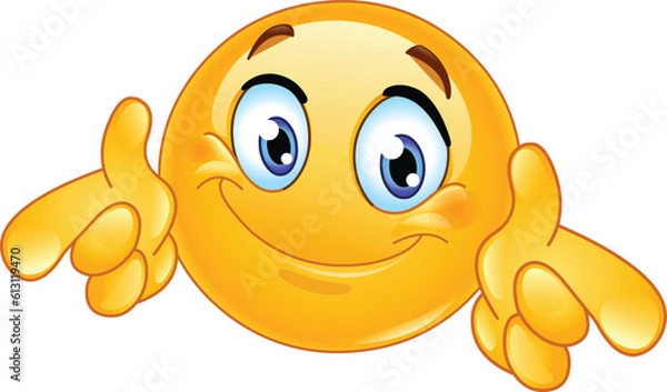 Fototapeta Happy emoji emoticon showing double thumbs up and pointing finger outward directly at the viewer