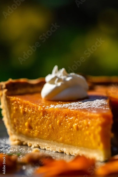 Fototapeta Beautiful close-up of a slice of delicious pumpkin pie outdoors, made with generative AI