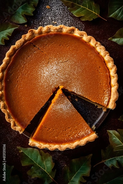 Fototapeta Beautiful close-up of delicious pumpkin pie shot indoors from above, made with generative AI