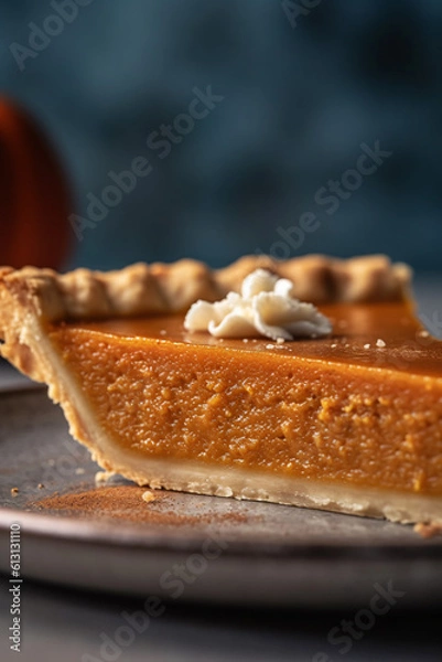 Fototapeta Beautiful close-up of a slice of delicious pumpkin pie indoors, made with generative AI
