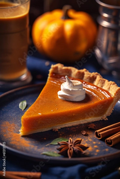 Fototapeta Beautiful close-up of a slice of delicious pumpkin pie on a plate indoors, made with generative AI