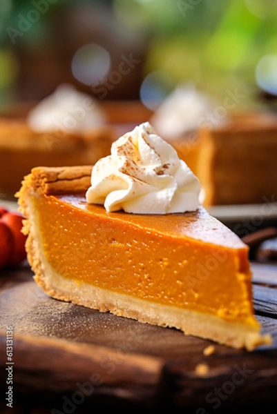 Fototapeta Beautiful close-up of a slice of delicious pumpkin pie on wood indoors, made with generative AI