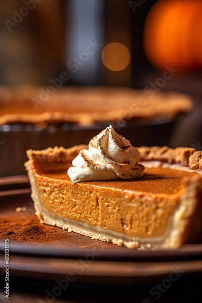 Fototapeta Beautiful close-up of a slice of delicious pumpkin pie indoors, made with generative AI