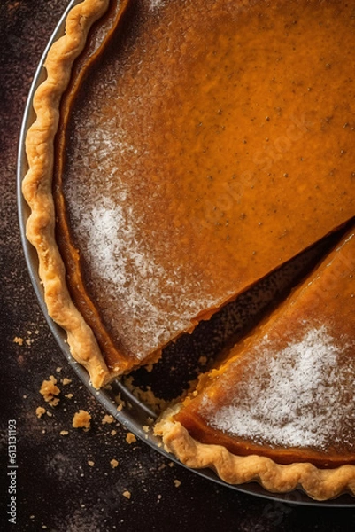 Fototapeta Beautiful close-up of delicious pumpkin pie shot indoors from above, made with generative AI