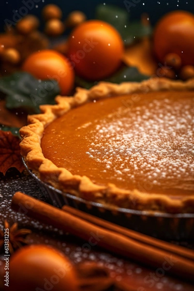 Fototapeta Beautiful close-up of delicious pumpkin pie indoors, made with generative AI