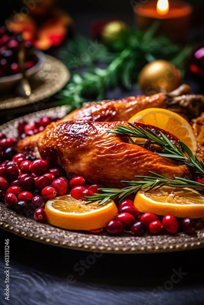 Fototapeta Beautiful close-up of delicious Thanksgiving turkey nicely decorated on a plate, made with generative AI