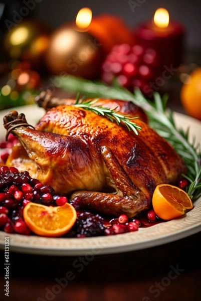 Fototapeta Beautiful close-up of delicious Thanksgiving turkey nicely decorated on a plate, made with generative AI