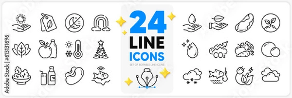 Fototapeta Icons set of Fishfinder, Snow weather and Milk line icons pack for app with Insomnia, Sun protection, Co2 thin outline icon. Startup, Cloudy weather, Organic tested pictogram. Water drop. Vector