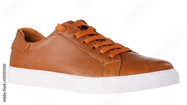 Fototapeta Brown leather sneaker with white stitched sole. Side view. Isolated on a transparent background.