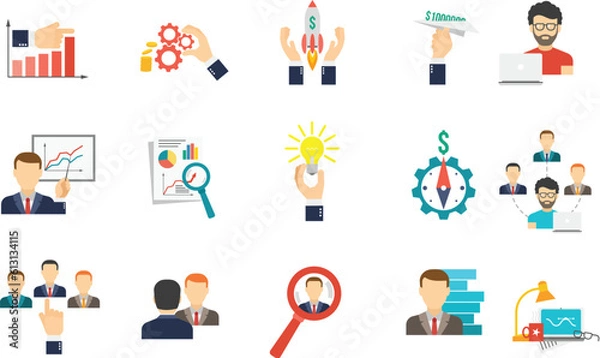 Fototapeta Business and Finance web icons in line style. Money, bank, contact, infographic. Icon collection. Vector illustration.