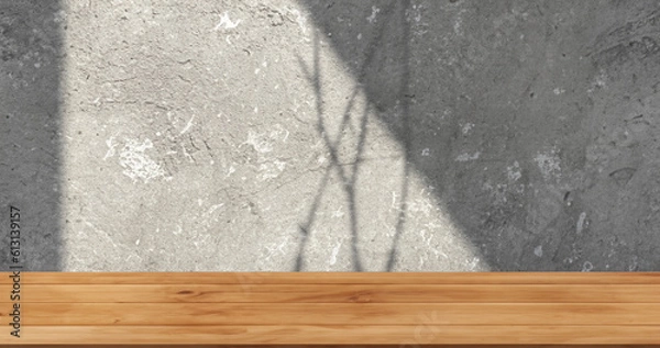 Fototapeta Realistic mockup wooden tabletop with cement wall in background,tree shadow scene Generative AI illustration