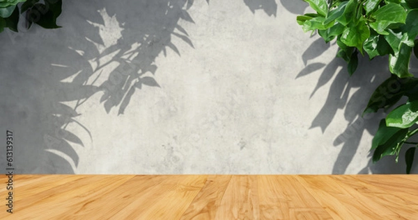 Fototapeta Realistic mockup wooden tabletop with cement wall in background,tree shadow scene Generative AI illustration