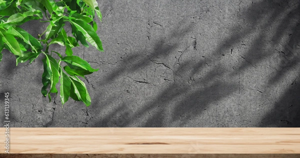 Fototapeta Realistic mockup wooden tabletop with cement wall in background,tree shadow scene Generative AI illustration