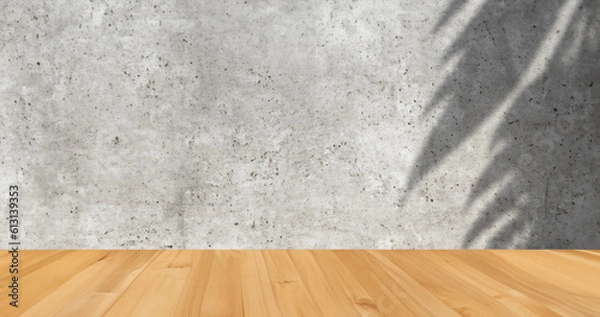 Fototapeta Realistic mockup wooden tabletop with cement wall in background,tree shadow scene Generative AI illustration