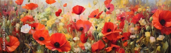 Obraz Horizontal banner with a view of a country field with close-up poppies flowers in summer, generated by AI