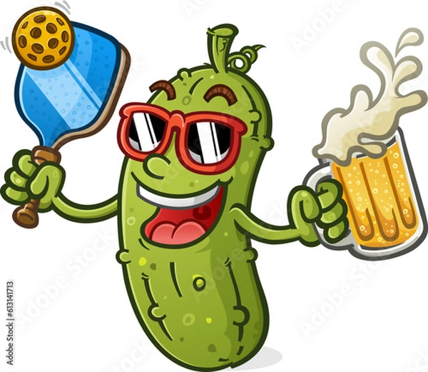 Obraz Cool pickle cartoon mascot with attitude holding at tall mug of beer and wearing sunglasses vector illustration