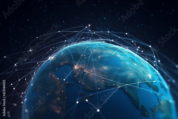 Fototapeta Generative AI of connection dots and lines around the Earths surface representing future technology. 