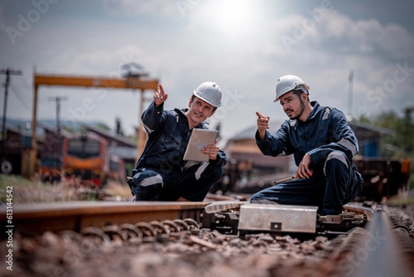 Fototapeta Engineer railway under inspection and checking construction railway switch and maintenence work on railroad station by tablet .Engineer wearing safety uniform and safety helmet in work