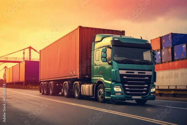 Fototapeta Semi Trailer Trucks Parked Loading at Dock Warehouse. Shipping Cargo Container Delivery Trucks. Loading Distribution Warehouse. Freight Trucks Cargo Transport. Warehouse Logistics. Generative AI
