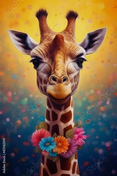 Fototapeta Giraffe with Flowers on a Colorful Background. Generative ai
