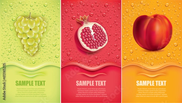 Obraz Drinks and juice background with drops and grape, pomegranate, peach	