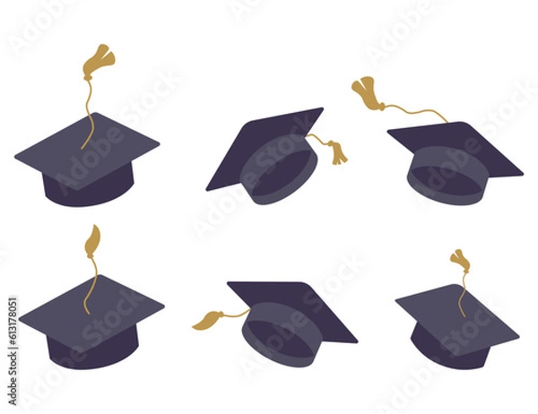 Fototapeta Set of graduation square hat. Education cap collection. Graduation cap isolated on the background