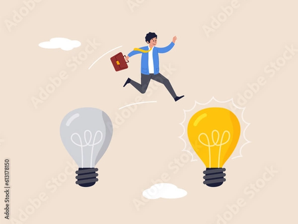 Fototapeta Business transformation concept. Change management or transition to better innovative company, improvement and adaptation to new normal, smart businessman jump from old to new shiny lightbulb idea.