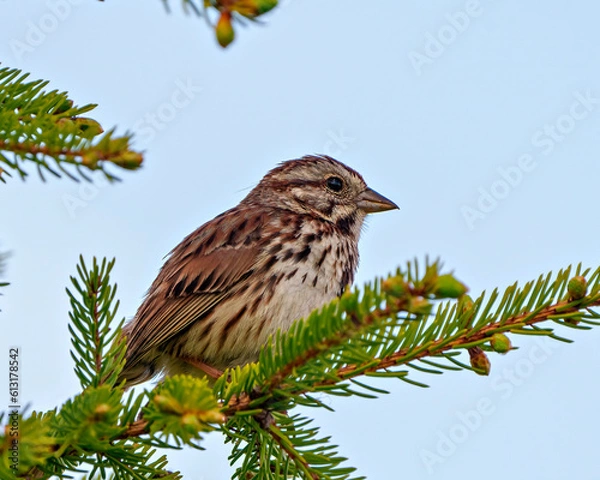 Fototapeta Sparrow Photo and Image.  Close-up side view perched on a coniferous tree with blue sky  background in its environment.