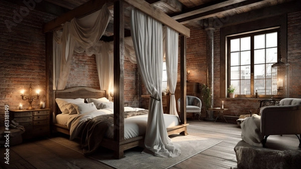 Fototapeta Rustic bedroom design with brown colors, generative ai