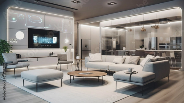 Obraz Modern living room design in white colors, generative ai