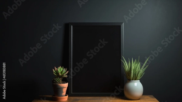 Fototapeta Empty vertical frame mockup in modern minimalist interior with plant on black wall, generative ai