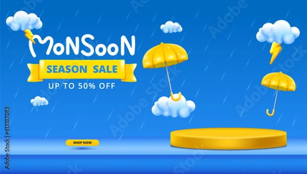 Fototapeta Monsoon season banner sale with podium design with 3d clouds lightning yellow umbrellas