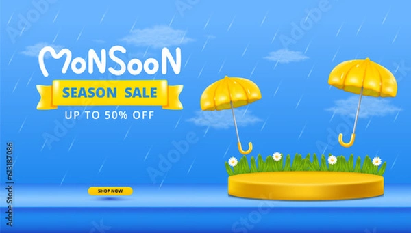 Fototapeta Monsoon season banner sale with podium design with 3d clouds lightning yellow umbrellas