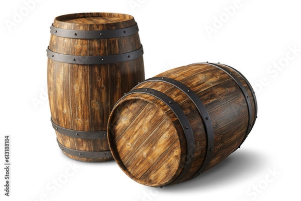 Fototapeta Two wooden barrels, standing upright and lying down, isolated on an empty background. 3D Rendering