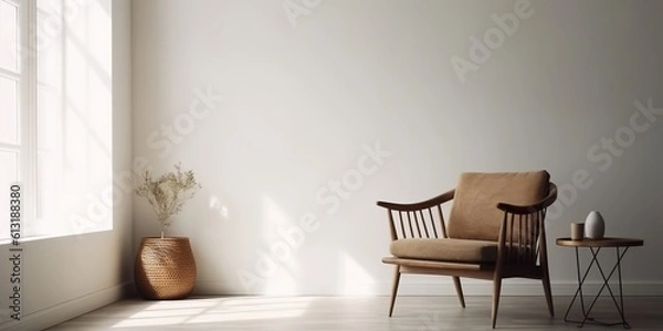 Fototapeta AI Generated. AI Generative. Minimalistic living room design decoration with elegant armchair at wall wirh plant and cozy decor. Graphic Art