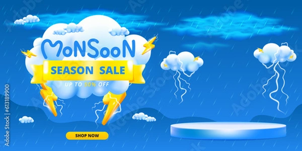 Fototapeta Monsoon season banner sale with podium design with 3d clouds lightning yellow umbrellas